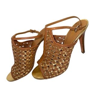 Coach Women’s 8B Tan Gold Woven Leather Peep Toe High Heel Sandals Ankle Strap
